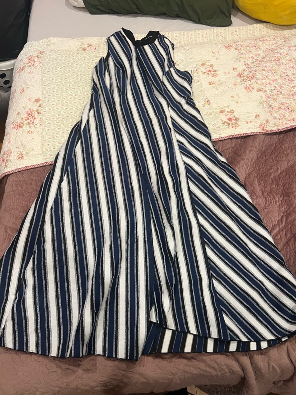 Samuel Dong Navy and White Asymmetrical Striped Maxi Dress